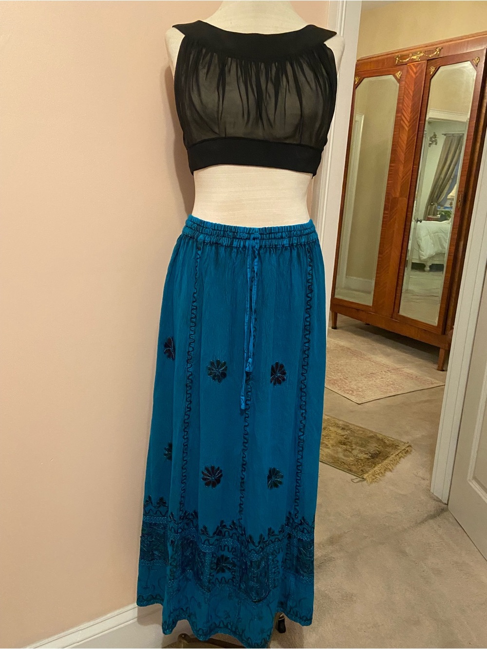 Vintage Teal Blue Bohemian Embroidered Maxi Skirt